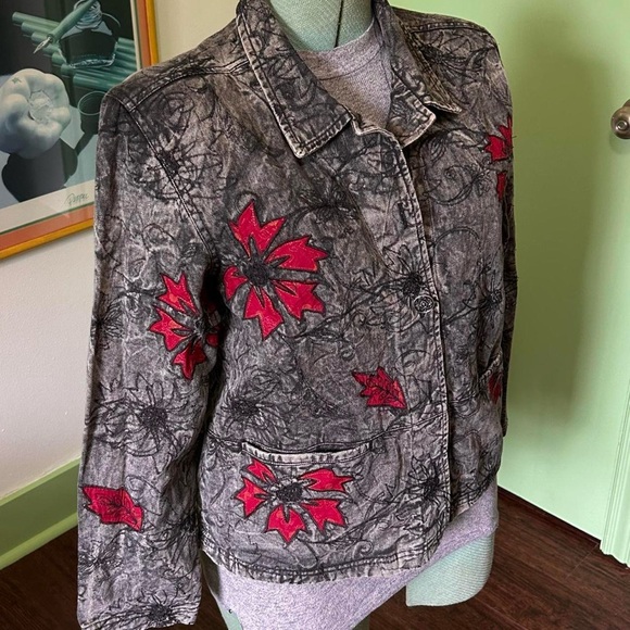 French Laundry Jackets & Blazers - French Laundry Grey Acid Wash Denim Jacket with Embroidery and Patchwork Flowers